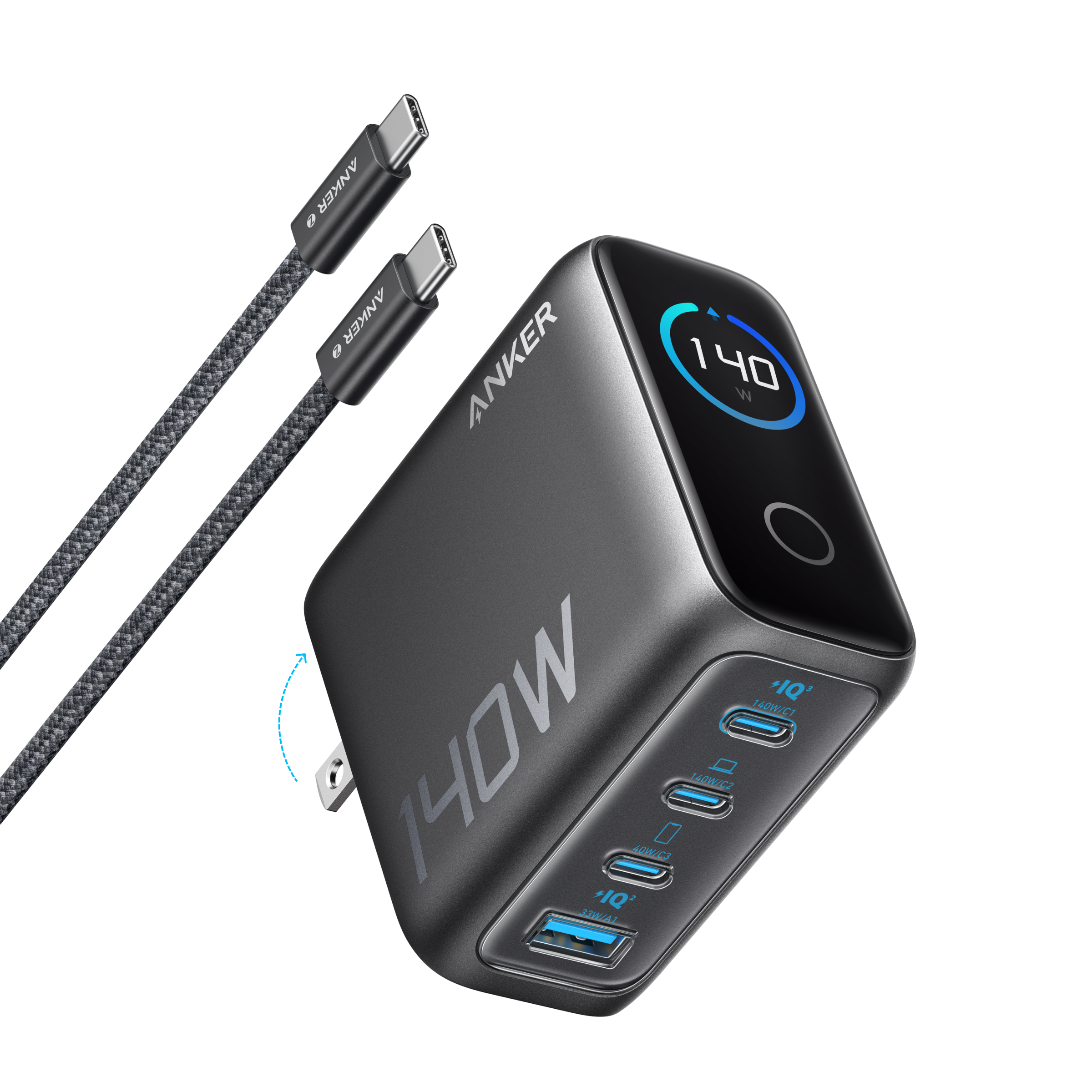 Apos Audio Anker Accessory Anker Charger (140W, 4-Port, PD 3.1) with USB-C Cable Dark Gray