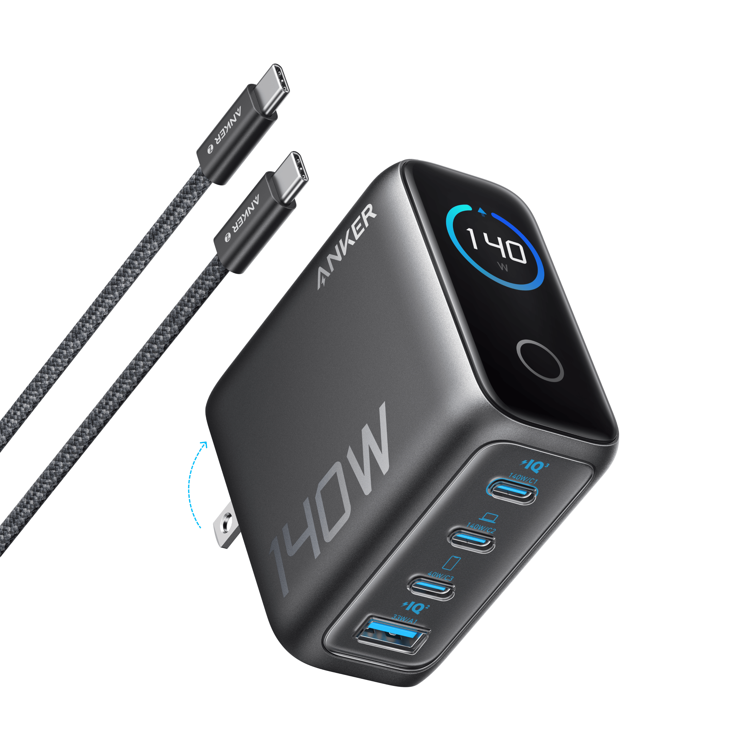 Apos Audio Anker Accessory Anker Charger (140W, 4-Port, PD 3.1) with USB-C Cable Dark Gray