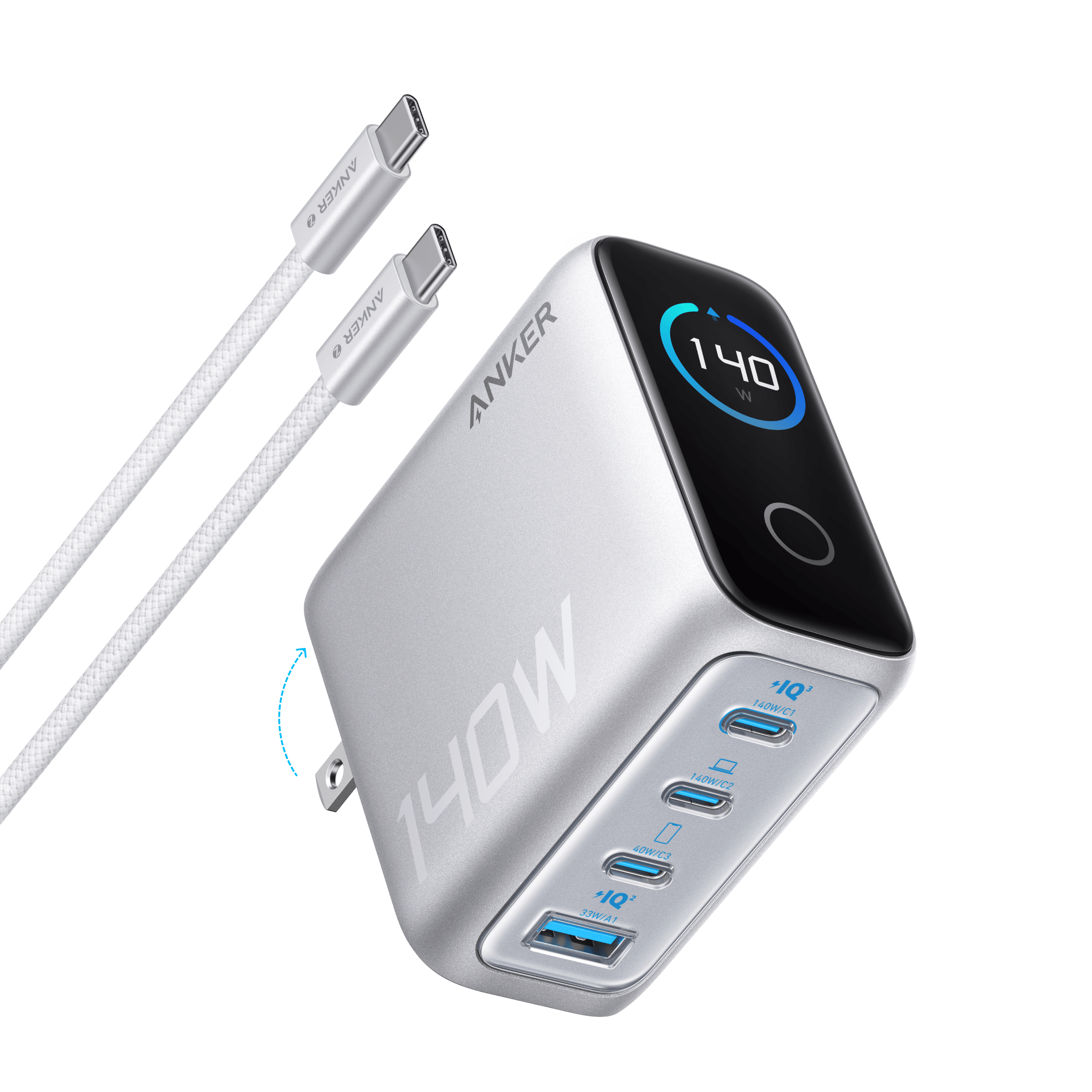 Apos Audio Anker Accessory Anker Charger (140W, 4-Port, PD 3.1) with USB-C Cable Silver