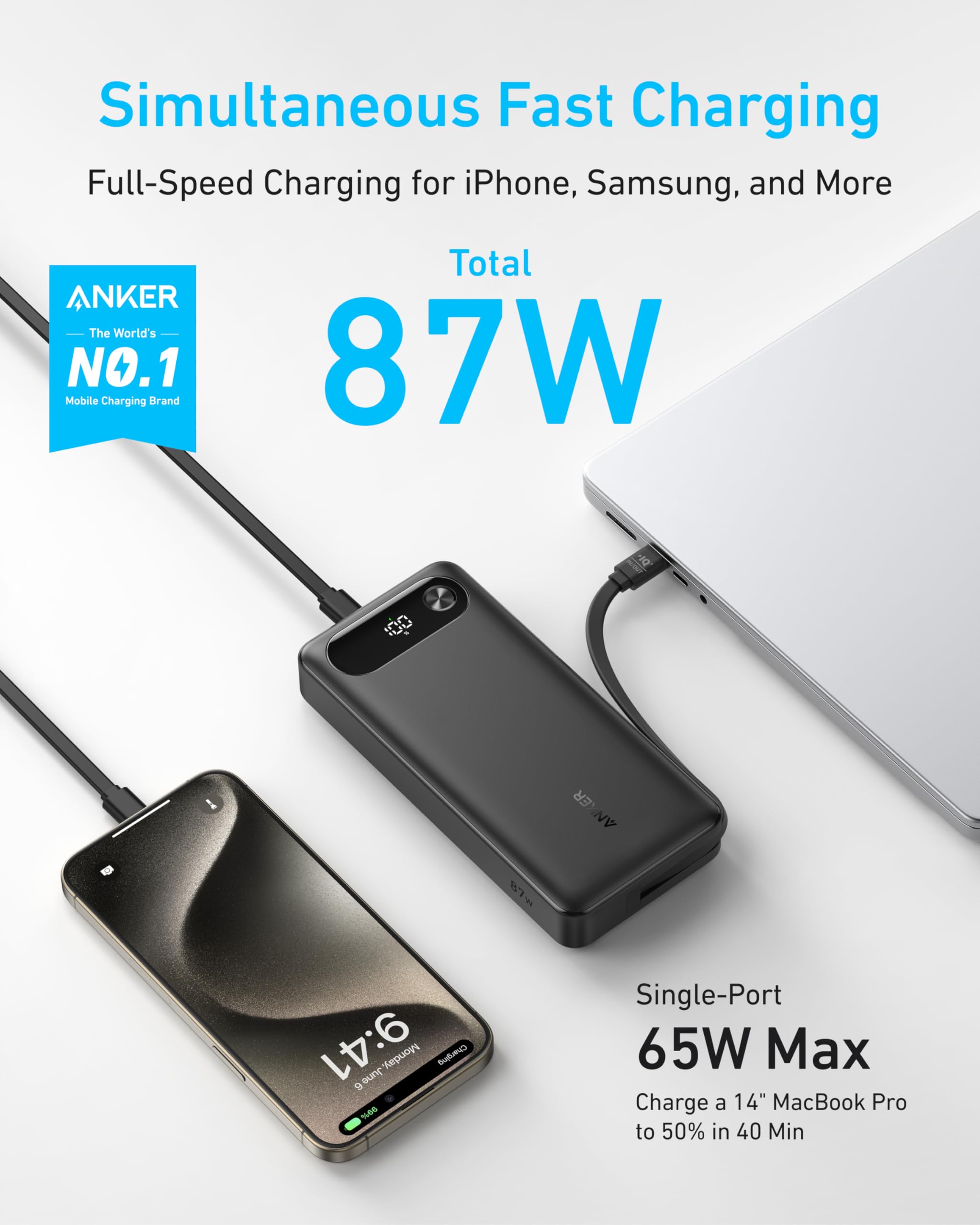 Apos Audio Anker Accessory Anker Power Bank (20K, 87W, Built-In USB-C Cable)