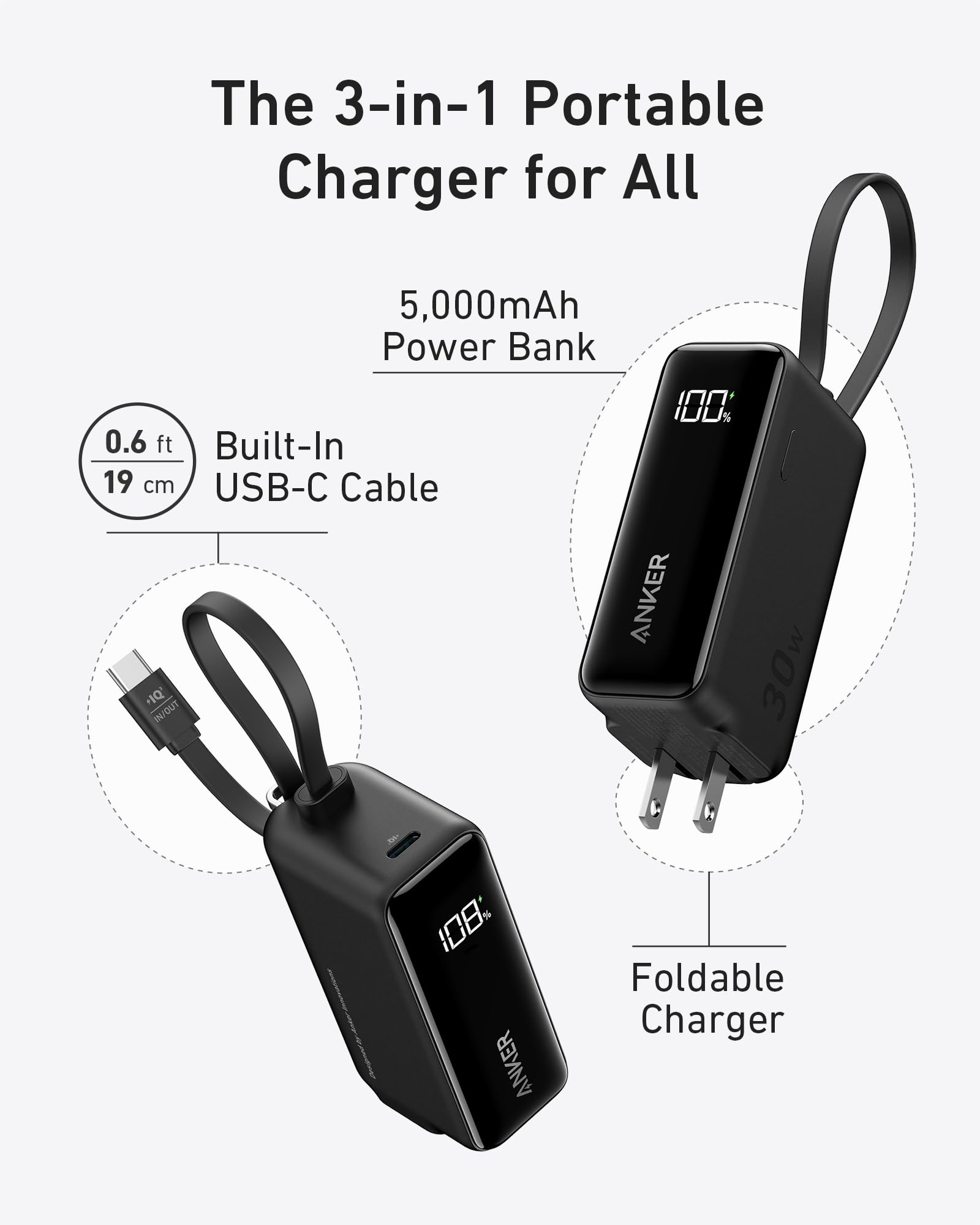 Apos Audio Anker Accessory Anker Power Bank (30W, 5k, Fusion, Built-In USB-C Cable)