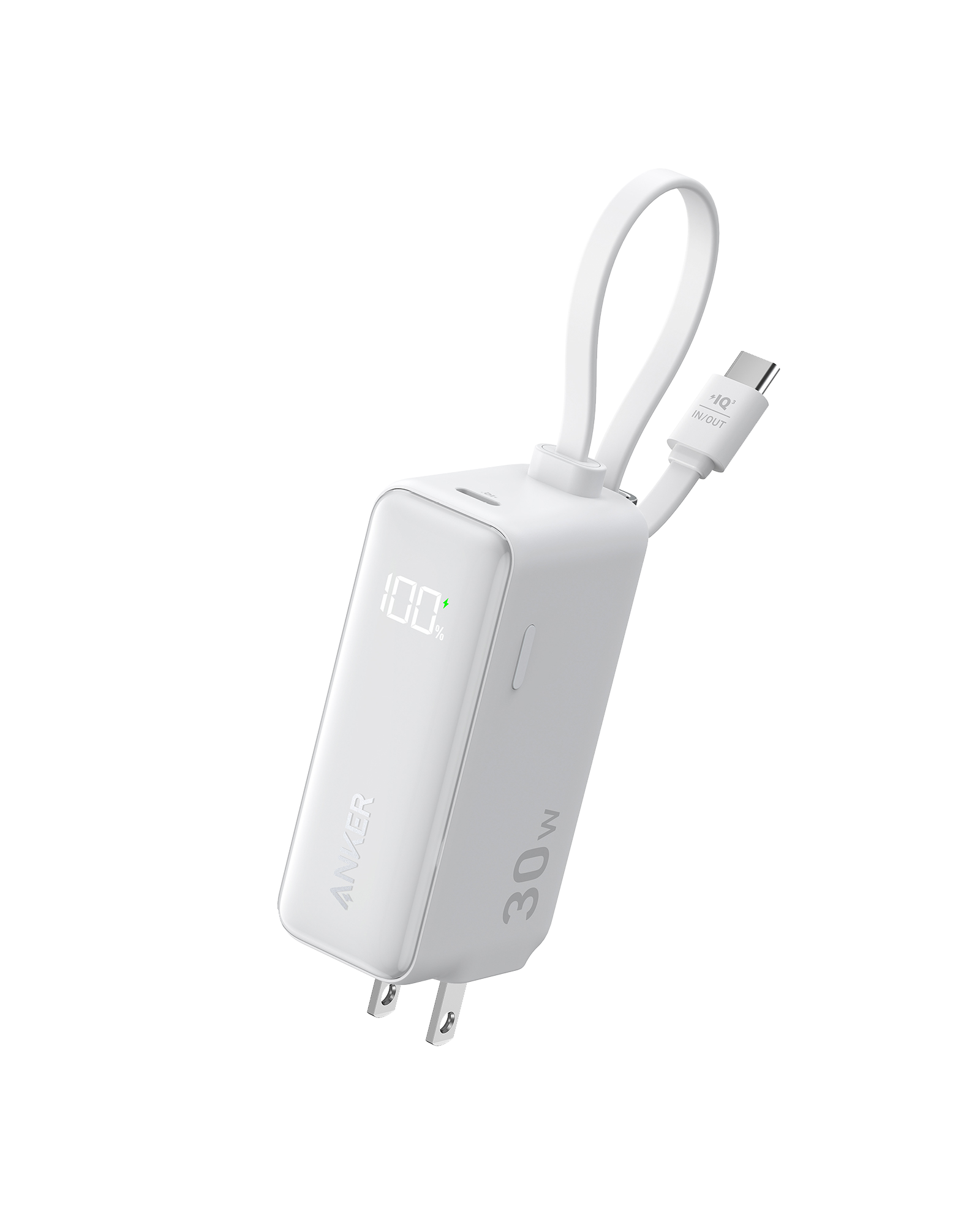 Apos Audio Anker Accessory Anker Power Bank (30W, 5k, Fusion, Built-In USB-C Cable) Classic White