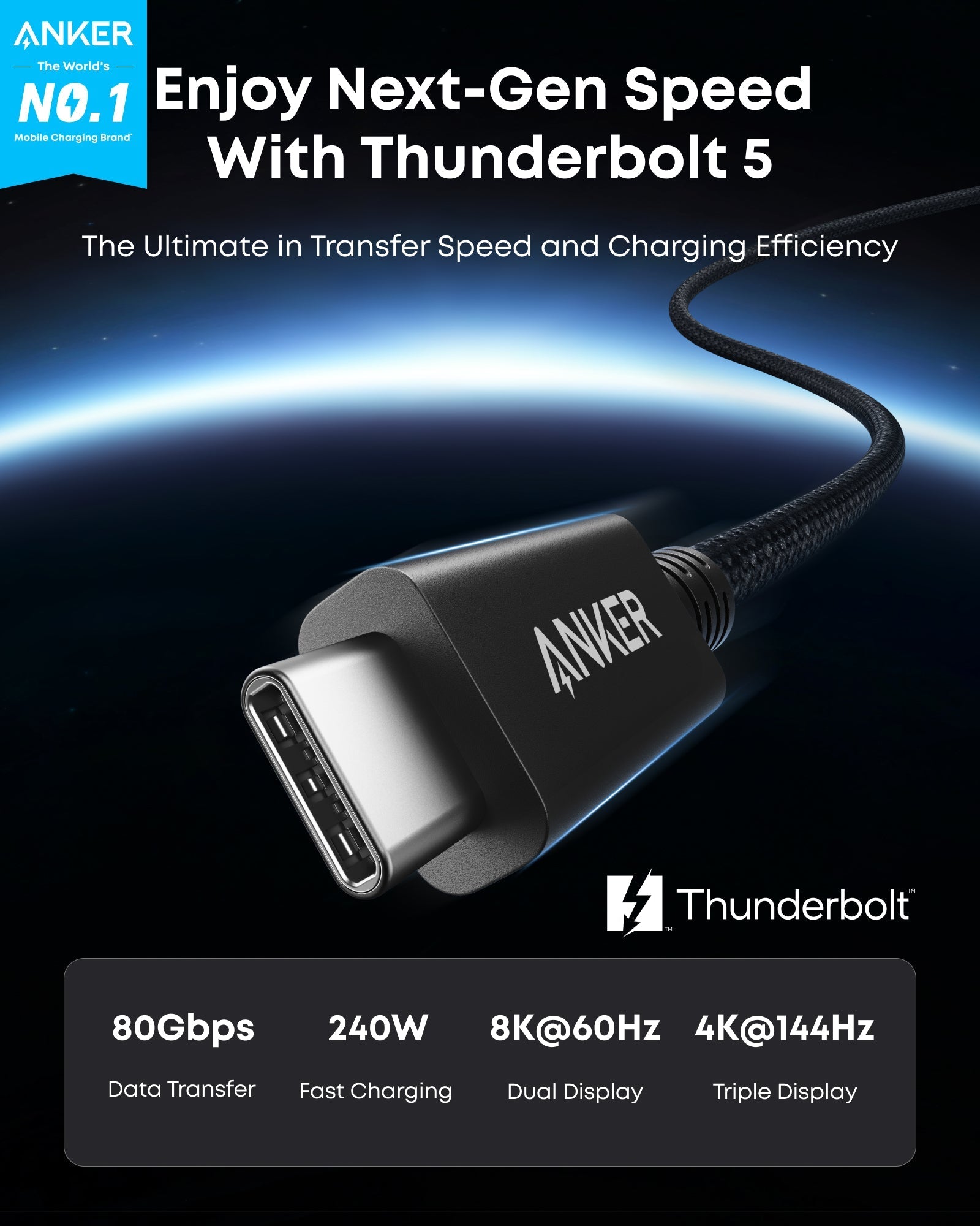 Apos Audio Anker Accessory Anker Prime Thunderbolt 5 Cable (3.3 ft/1.7 ft, 80Gbps, 240W)