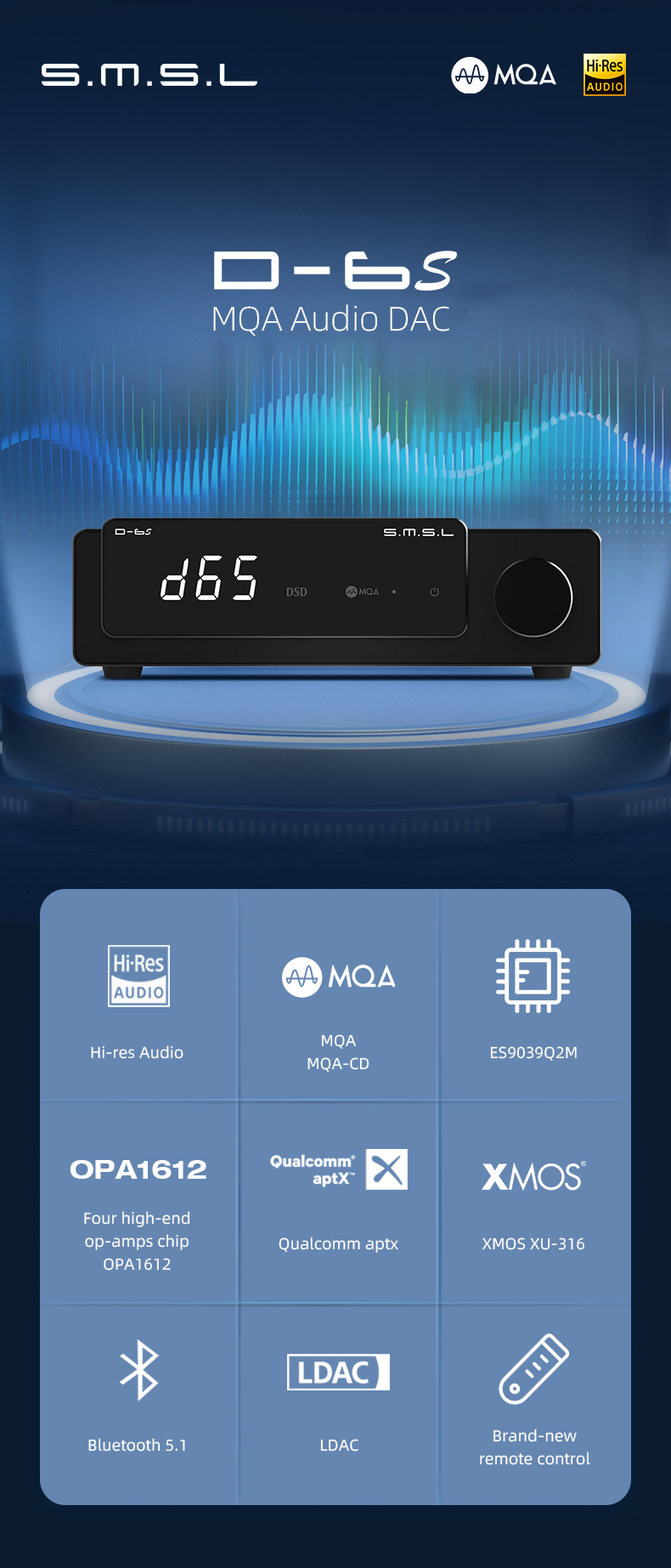 Apos Audio SMSL DAC (Digital-to-Analog Converter) SMSL D-6S MQA Audio DAC