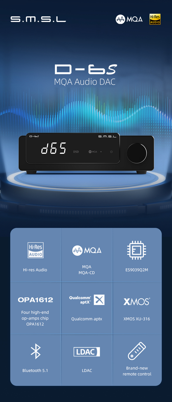 Apos Audio SMSL DAC (Digital-to-Analog Converter) SMSL D-6S MQA Audio DAC