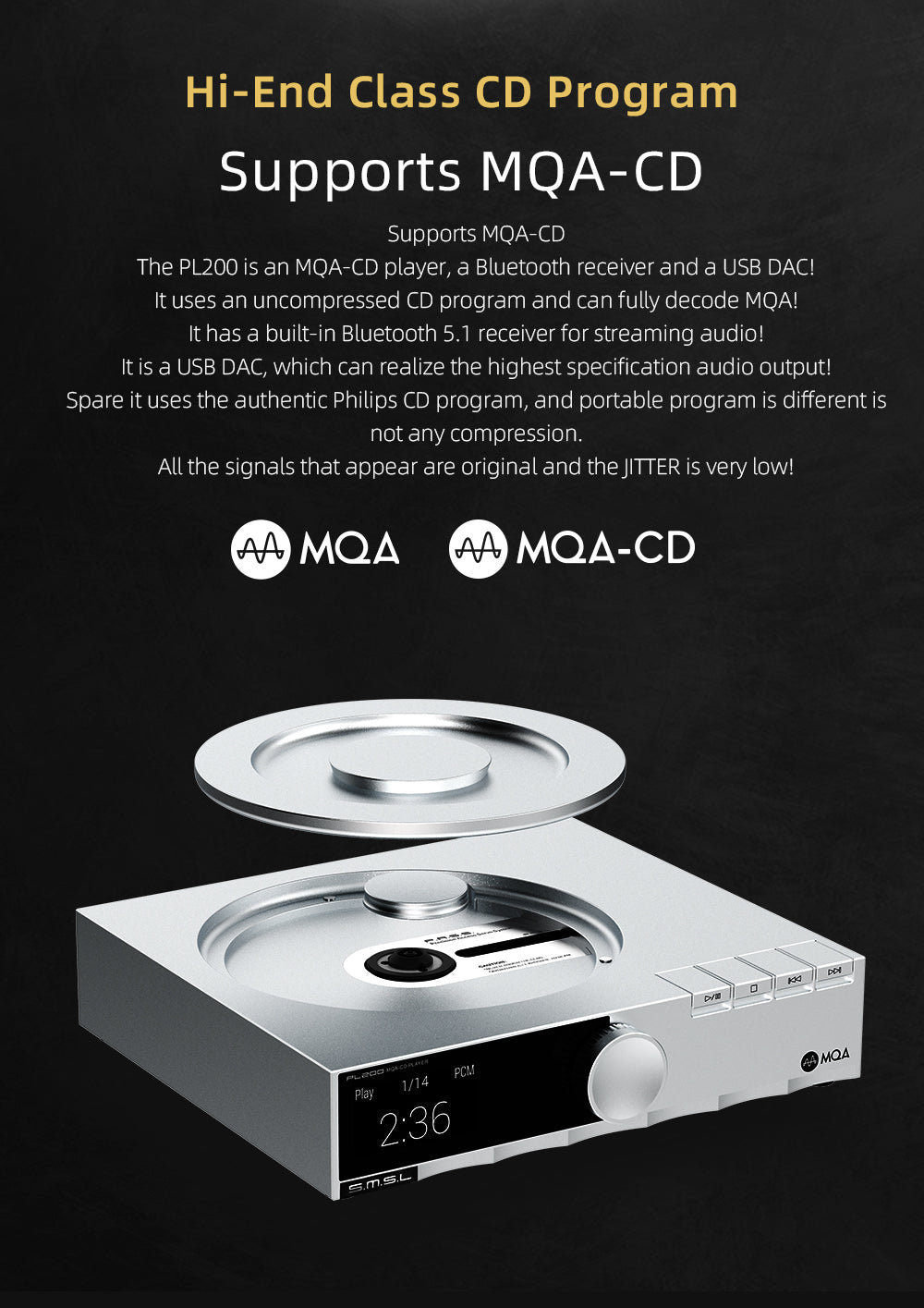 Apos Audio SMSL DAC (Digital-to-Analog Converter) SMSL PL200 MQA-CD Player DAC