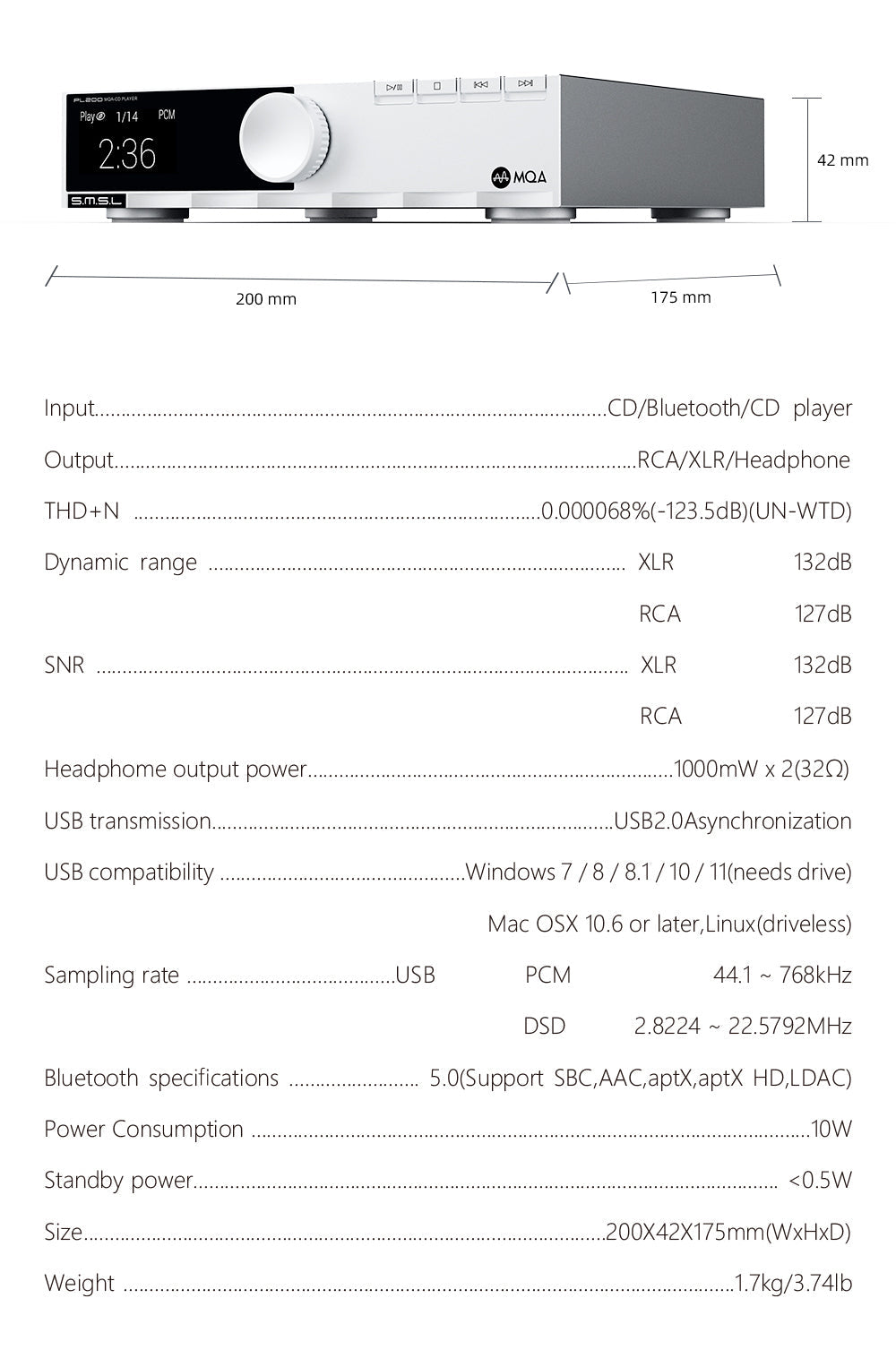 Apos Audio SMSL DAC (Digital-to-Analog Converter) SMSL PL200 MQA-CD Player DAC