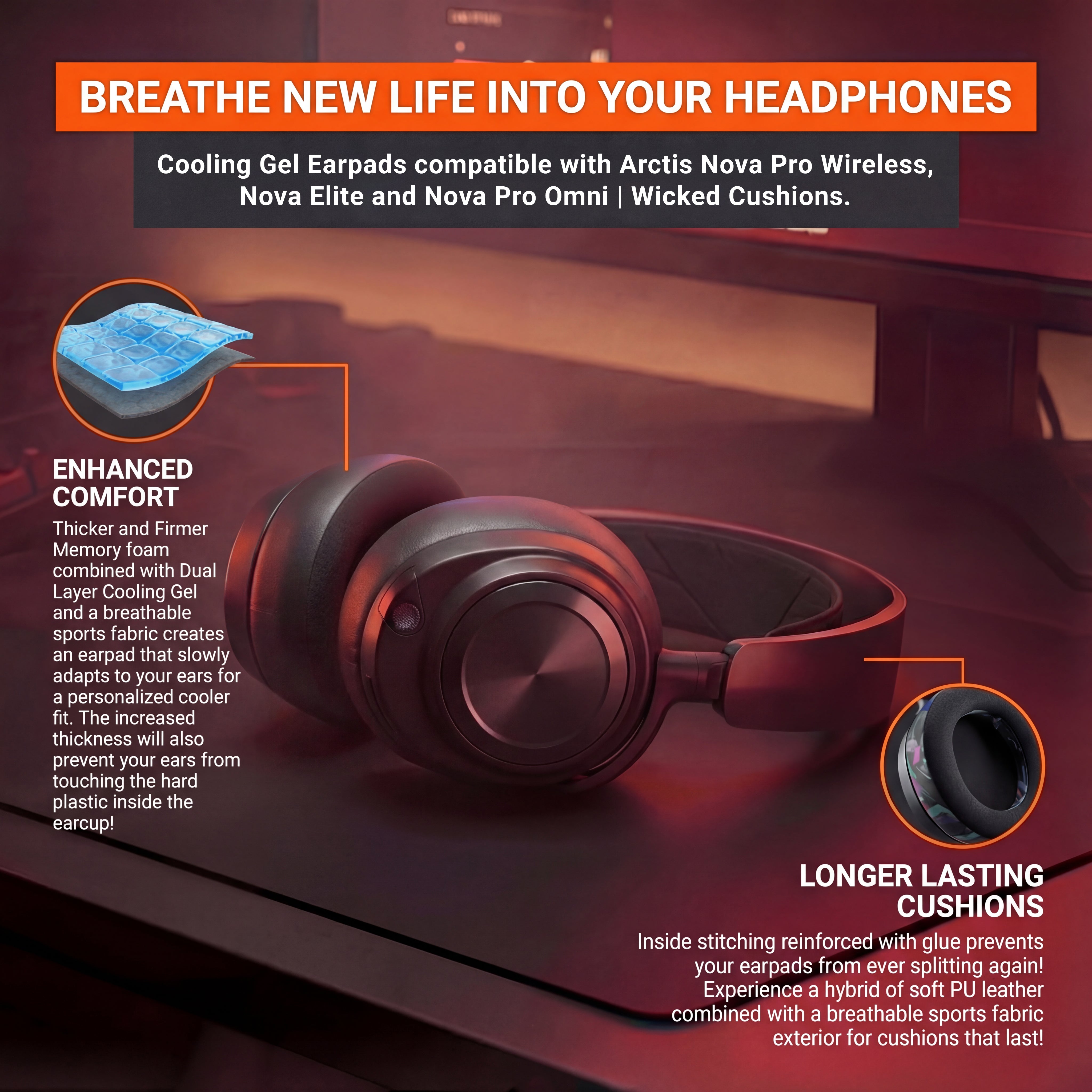 Apos Audio Wicked Cushions Cooling Gel Ear Pads Arctis Nova Pro Wireless, Nova Elite & Nova Pro Omni Earpads - WC FreeZe Cooling Gel