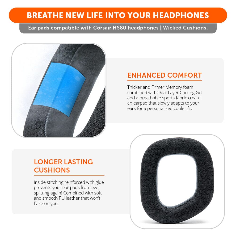 Apos Audio Wicked Cushions Cooling Gel Ear Pads Corsair HS80 Earpads - WC FreeZe Cooling Gel