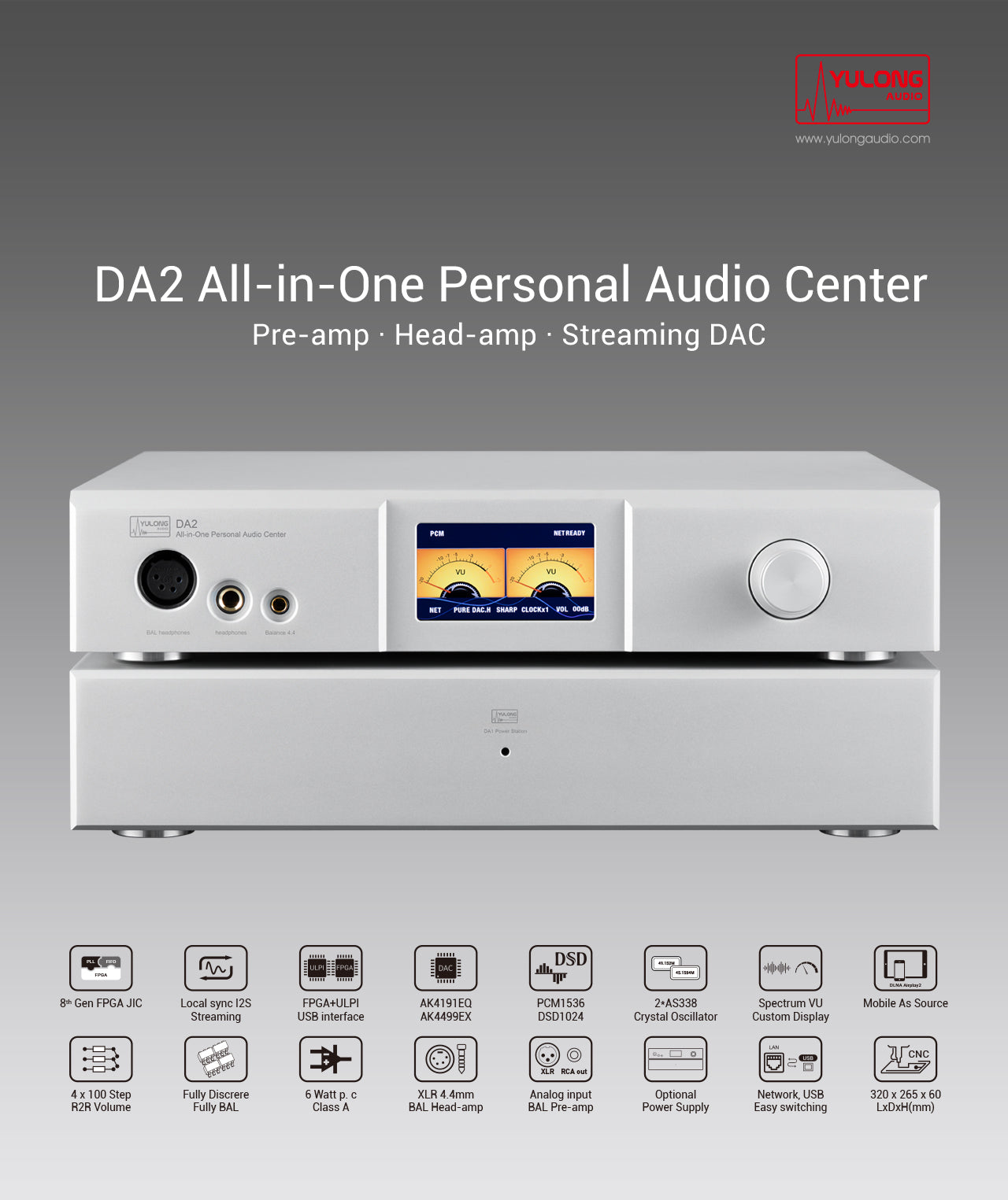 Apos Audio Yulong DAC (Digital-to-Analog Converter) YULONG DA2 All-in-one Personal Audio Center Pre-amp / Head amp/ DAC