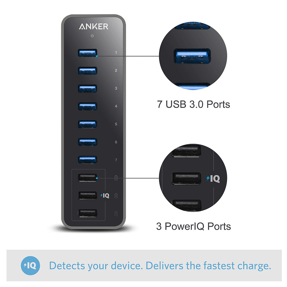 Apos Audio Anker Accessory Anker 60W 10-Port USB 3.0 Data Hub Black