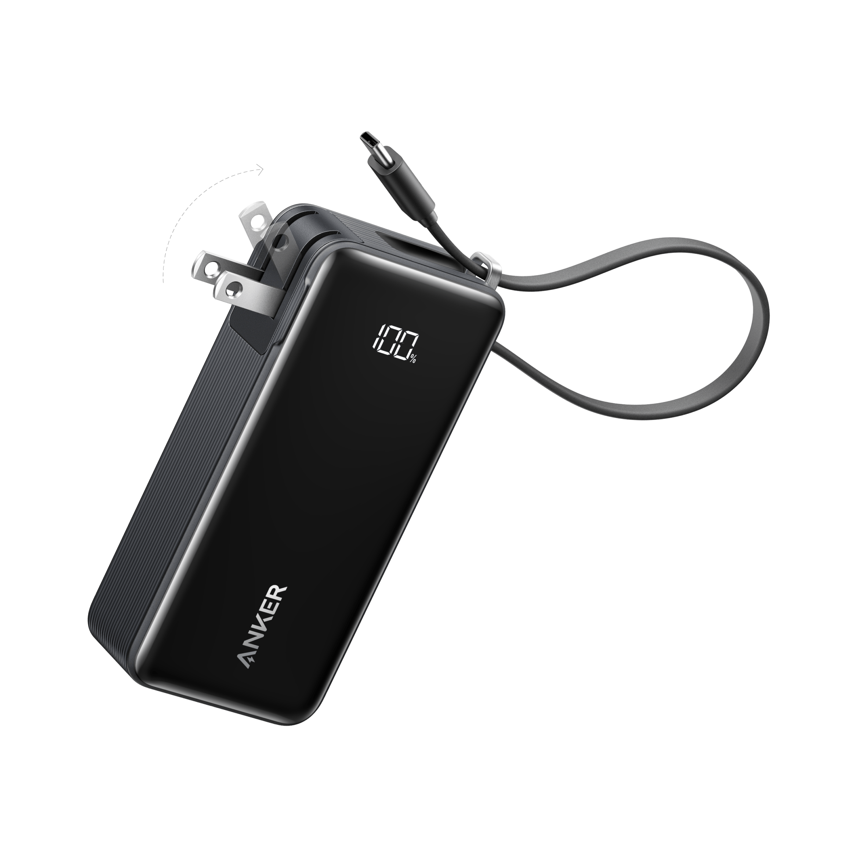 Apos Audio Anker Accessory Anker Power Bank (10K, Fusion, Built-In Cable) Built-In USB-C Cable / Truffle Black