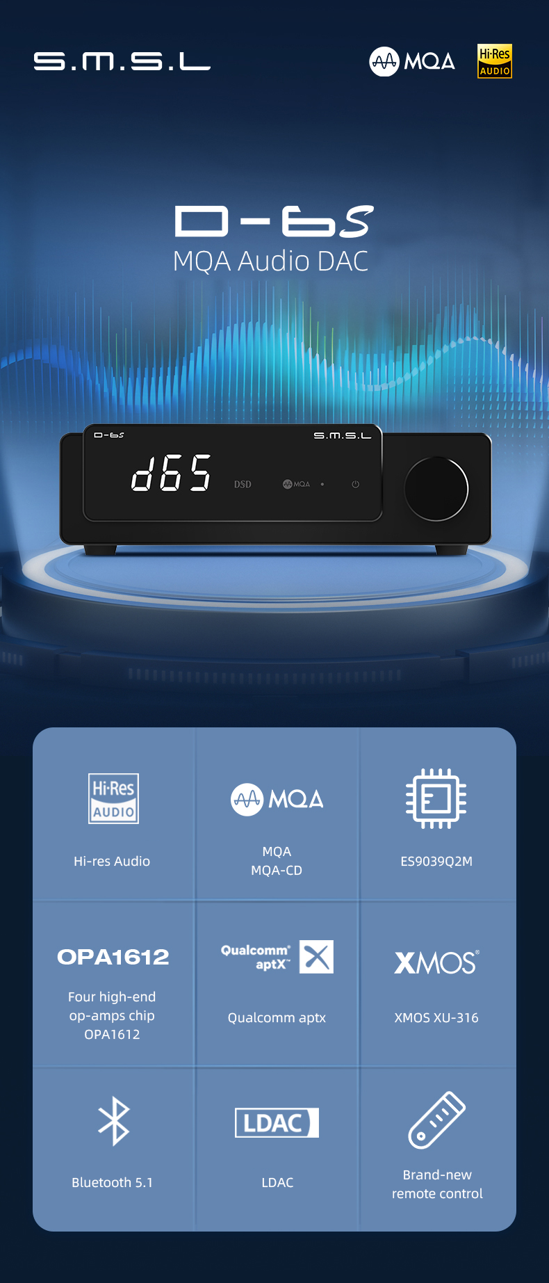 Apos Audio SMSL DAC (Digital-to-Analog Converter) SMSL D-6S MQA Audio DAC (Apos Certified) Like New