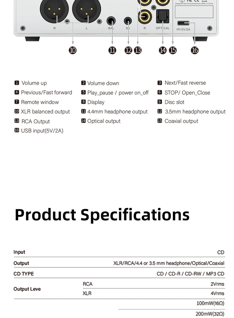 Apos Audio SMSL DAC (Digital-to-Analog Converter) SMSL PL100 Pro CD Player