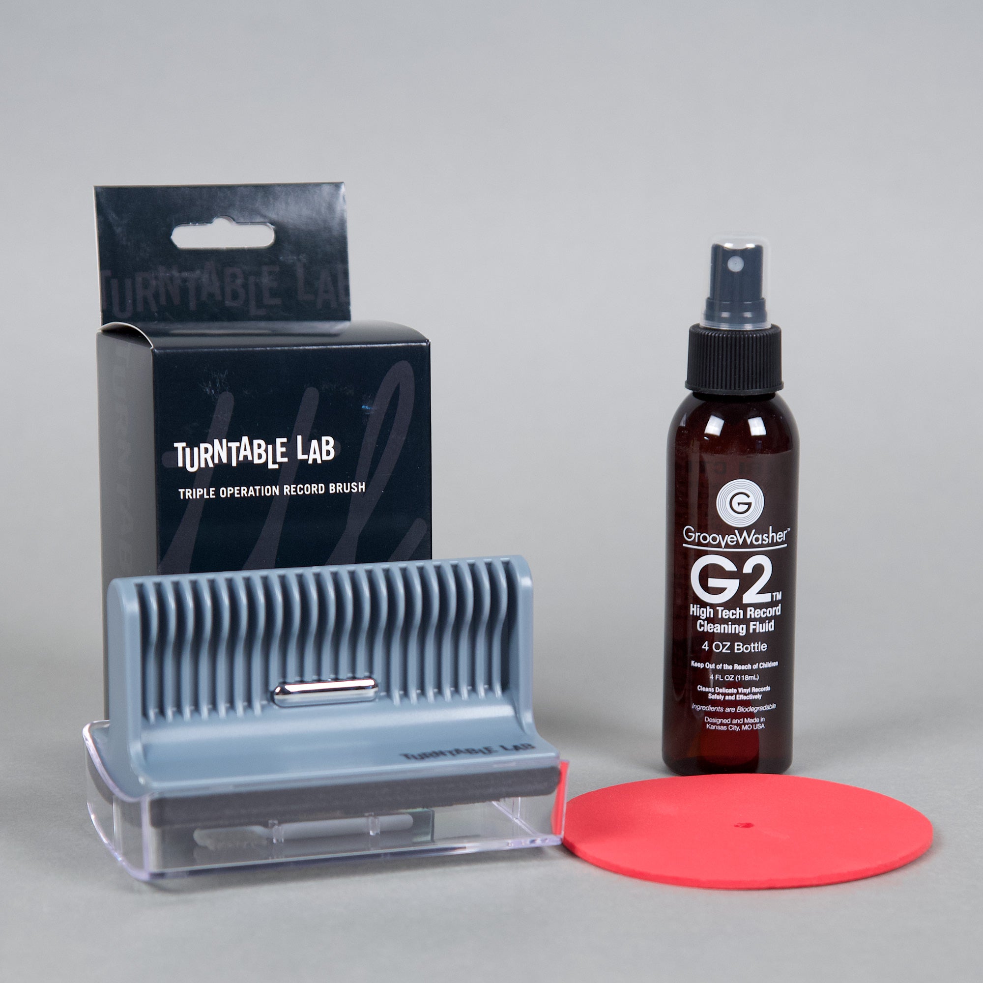 Apos Audio TurntableLab.com Accessory Turntable Lab: Triple Operation Vinyl Record Cleaning Brush +ADD Groovewasher G2 Cleaning Fluid