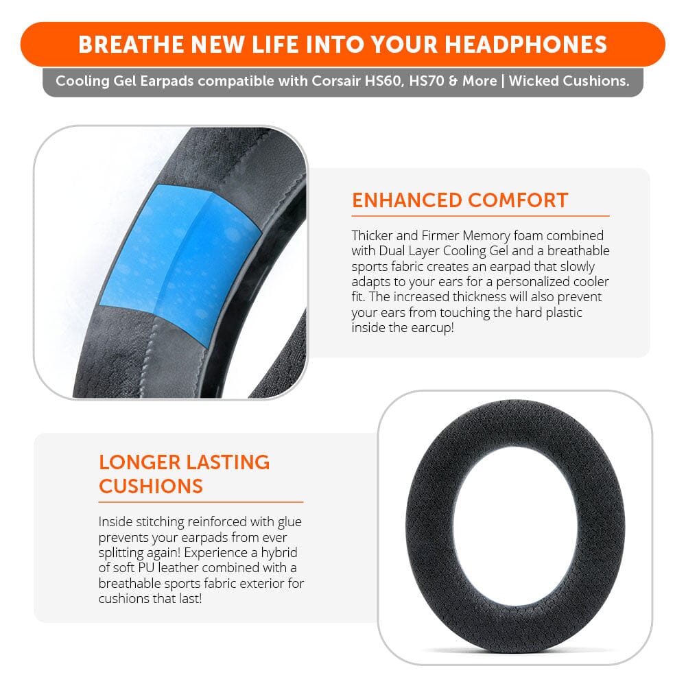 Apos Audio Wicked Cushions Cooling Gel Ear Pads Corsair HS50, HS60, and HS70 Earpads - WC FreeZe Cooling Gel