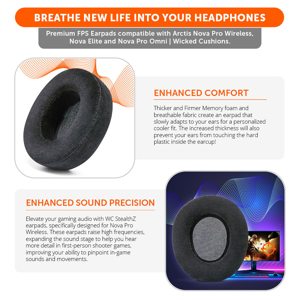 Apos Audio Wicked Cushions Ear Pads Nova Pro Wireless, Nova Elite & Nova Pro Omni Earpads - WC StealthZ