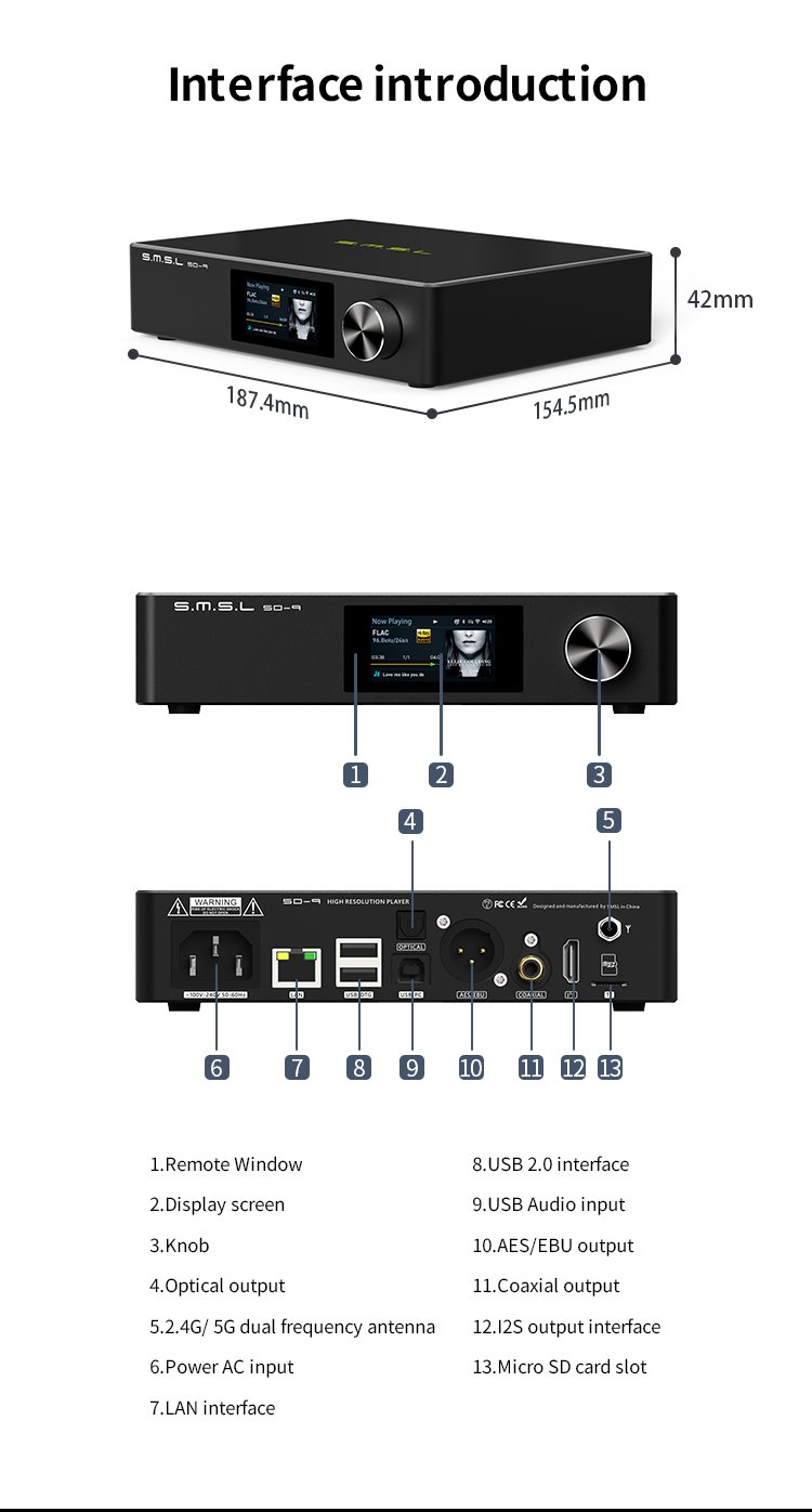 Apos Audio SMSL Streaming Media Player SMSL SD-9 HiFi Network Music Player (Apos Certified)